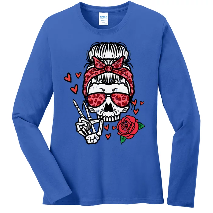 Valentines Skeleton Leopard Messy Bun Peace Funny Cool Gift Ladies Long Sleeve Shirt