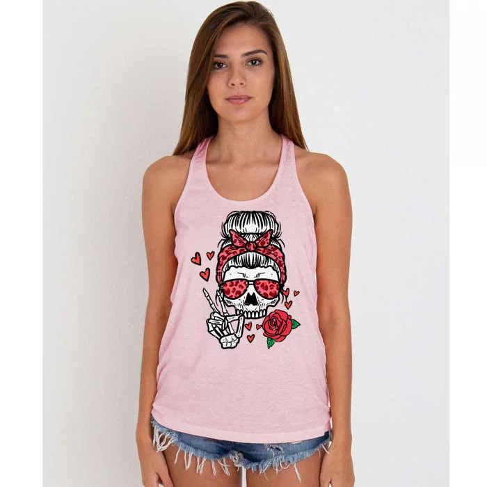 Valentines Skeleton Leopard Messy Bun Peace Funny Cool Gift Women's Knotted Racerback Tank