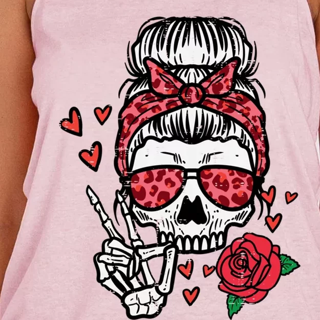 Valentines Skeleton Leopard Messy Bun Peace Funny Cool Gift Women's Knotted Racerback Tank