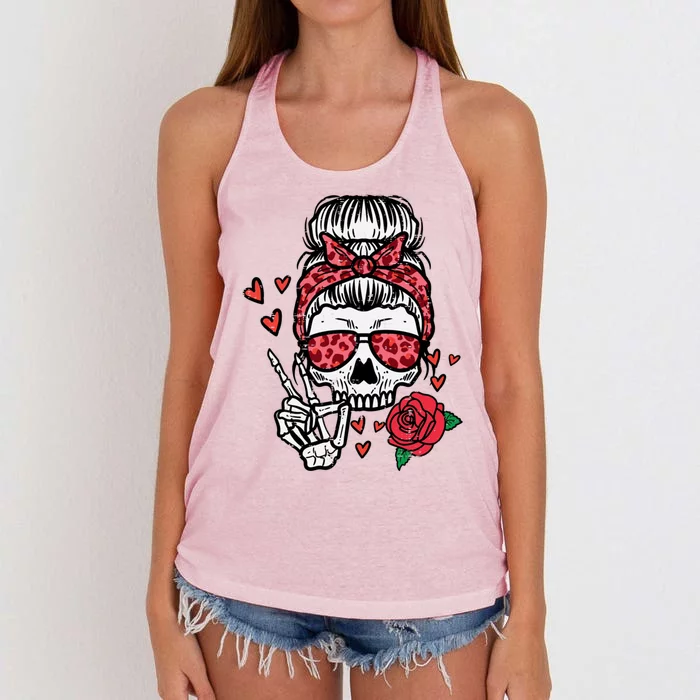 Valentines Skeleton Leopard Messy Bun Peace Funny Cool Gift Women's Knotted Racerback Tank