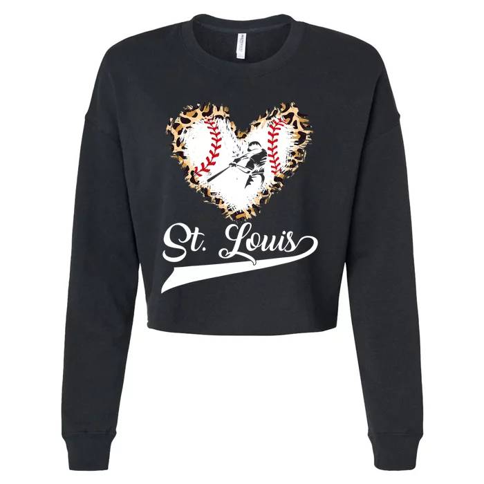 Vintage St Louis Baseball Leopard Heart Baseball Fans Women Cropped Pullover Crew