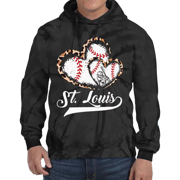 Vintage St Louis Baseball Leopard Heart Baseball Fans Tie Dye Hoodie