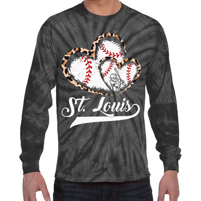 Vintage St Louis Baseball Leopard Heart Baseball Fans Tie-Dye Long Sleeve Shirt