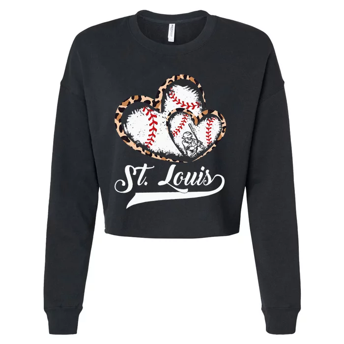 Vintage St Louis Baseball Leopard Heart Baseball Fans Cropped Pullover Crew