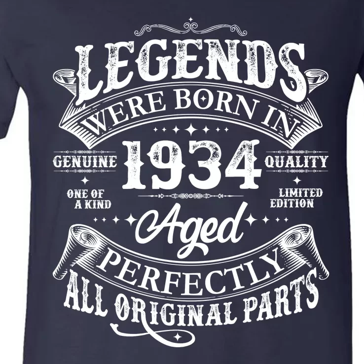 Vintage Scroll Legends Were Born In 1934 Aged Perfectly 90th Birthday V-Neck T-Shirt