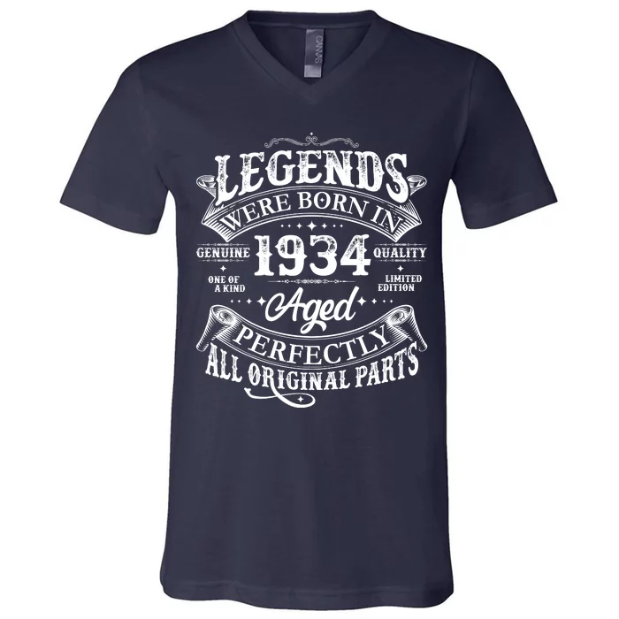 Vintage Scroll Legends Were Born In 1934 Aged Perfectly 90th Birthday V-Neck T-Shirt