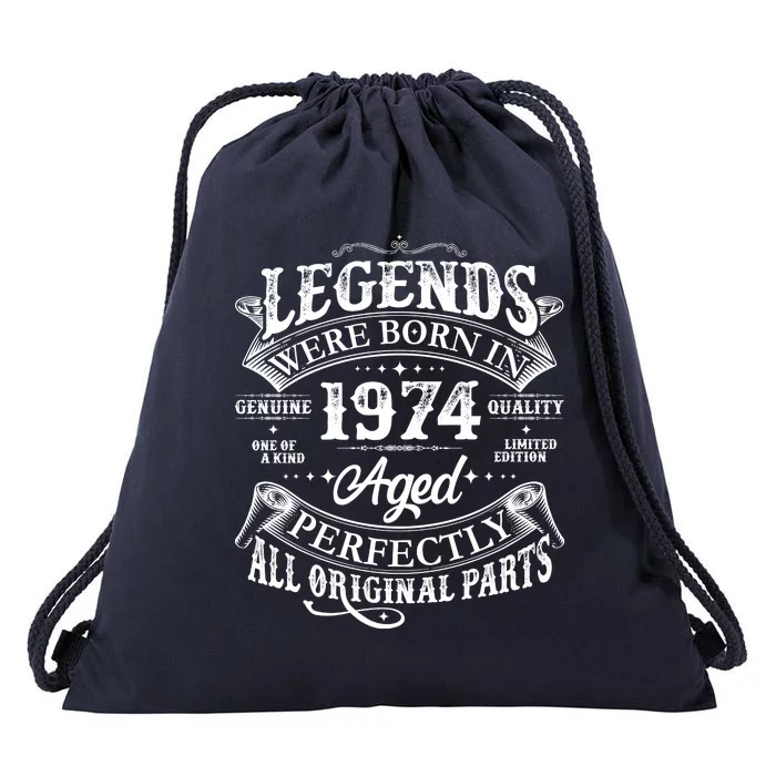 Vintage Scroll Legends Were Born In 1974 Aged Perfectly 50th Birthday Drawstring Bag