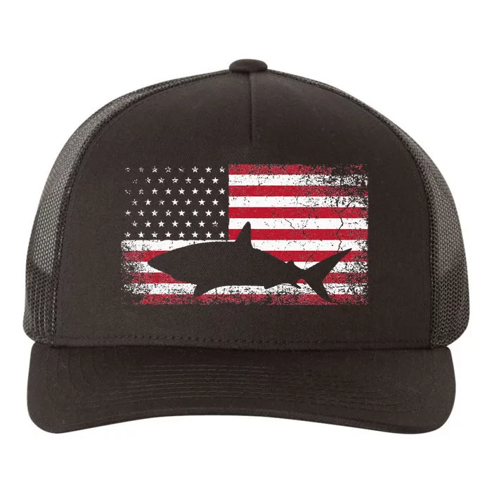 Vintage Shark Lover Fishing Diving July 4th American Flag Yupoong Adult 5-Panel Trucker Hat