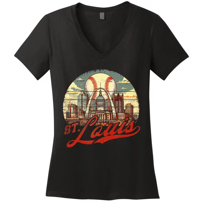 Vintage St. Louis Skyline Baseball Women's V-Neck T-Shirt