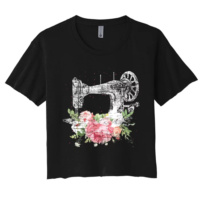 Vintage Sewing Machine Craft Quilting Sewer Flowers Sewing Women's Crop Top Tee