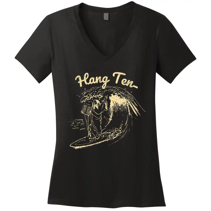 Vintage Surfing Moses Hang Ten Women's V-Neck T-Shirt