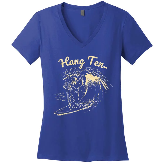 Vintage Surfing Moses Hang Ten Women's V-Neck T-Shirt