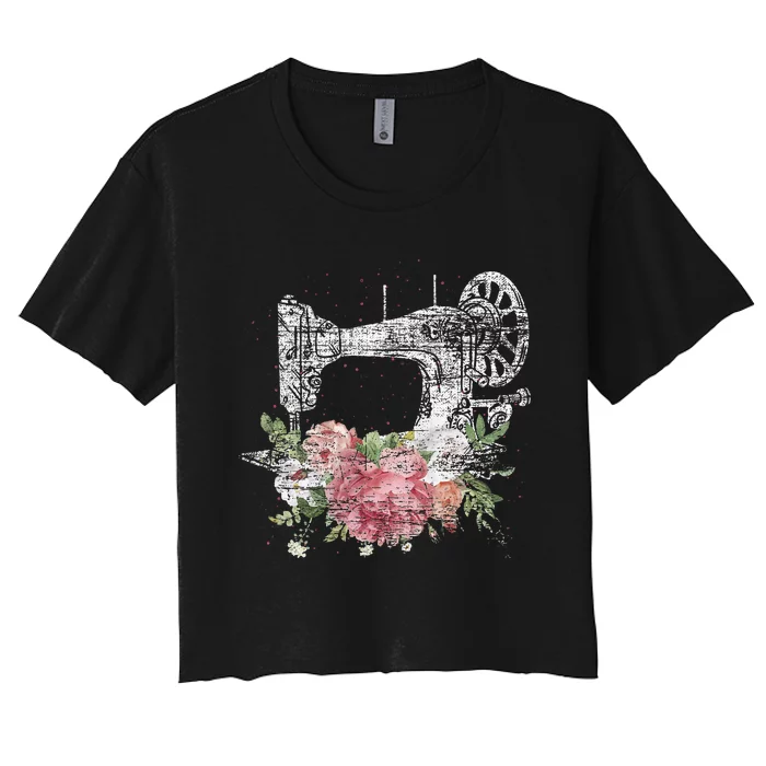 Vintage Sewing Machine Craft Quilting Sewer Flowers Sewing Women's Crop Top Tee