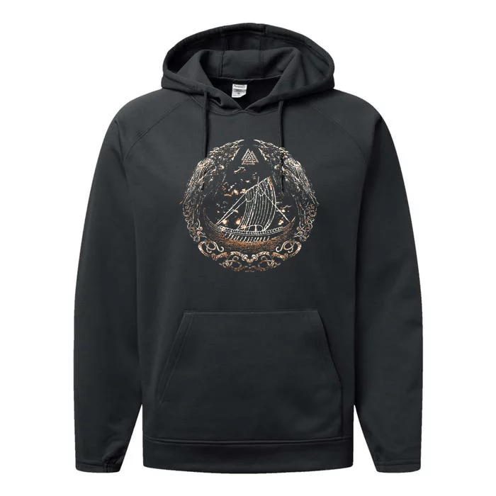 Viking Ship Odins Raven Huginn And Muninn Norse Mythology Performance Fleece Hoodie