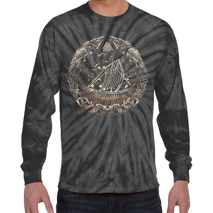 Viking Ship Odins Raven Huginn And Muninn Norse Mythology Tie-Dye Long Sleeve Shirt