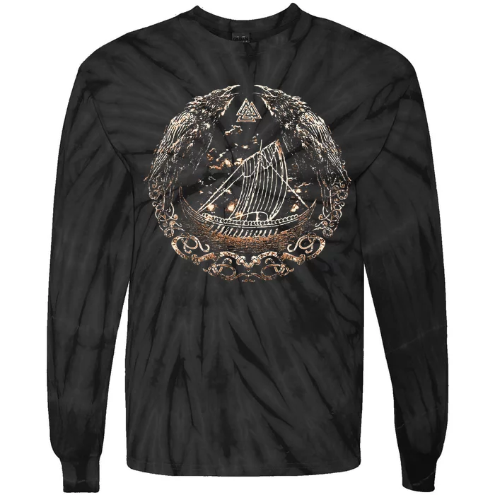 Viking Ship Odins Raven Huginn And Muninn Norse Mythology Tie-Dye Long Sleeve Shirt