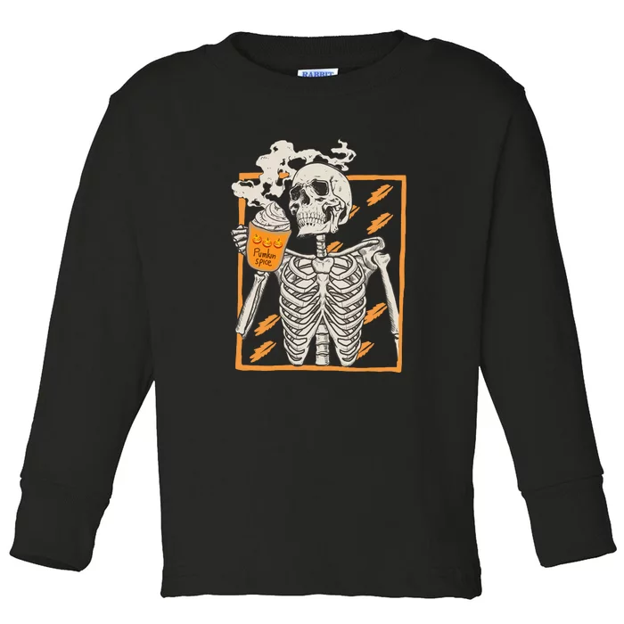 Vintage Skeleton Pumpkin Spice Halloween Toddler Long Sleeve Shirt