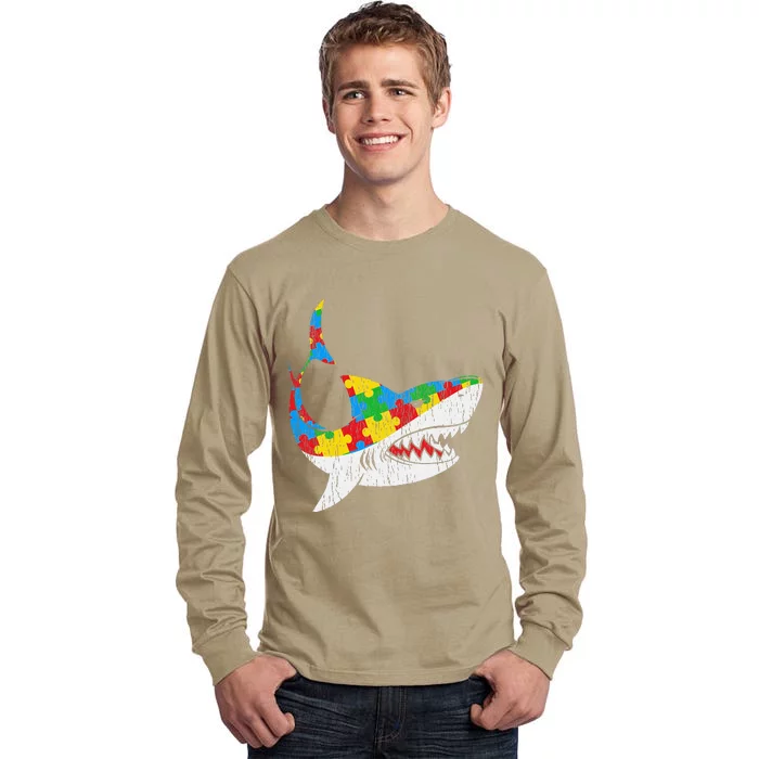 Vintage Shark Puzzle Autistic Autism Awareness Shark Tall Long Sleeve T-Shirt