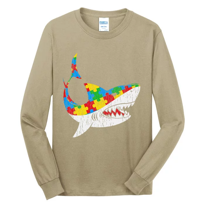 Vintage Shark Puzzle Autistic Autism Awareness Shark Tall Long Sleeve T-Shirt