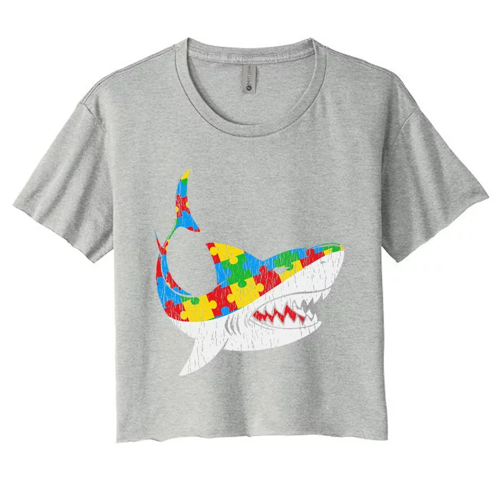 Vintage Shark Puzzle Autistic Autism Awareness Shark Women's Crop Top Tee