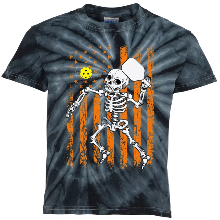 Vintage Skeleton Pickleball USA Flag Halloween Costume Kids Tie-Dye T-Shirt