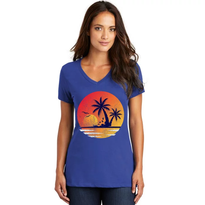 Vintage Sunrise Palms Vacay Summer Vacation Vibes Tee Sunset Gift Women's V-Neck T-Shirt