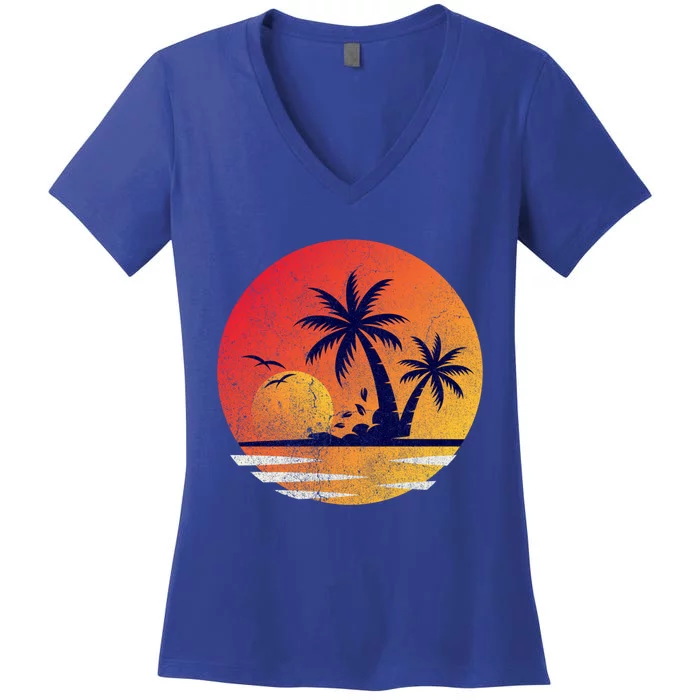 Vintage Sunrise Palms Vacay Summer Vacation Vibes Tee Sunset Gift Women's V-Neck T-Shirt