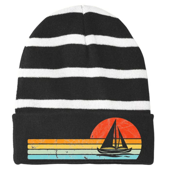 Vintage Sailboat Retro Sunset Boat Captain Sailing Gear Striped Beanie with Solid Band