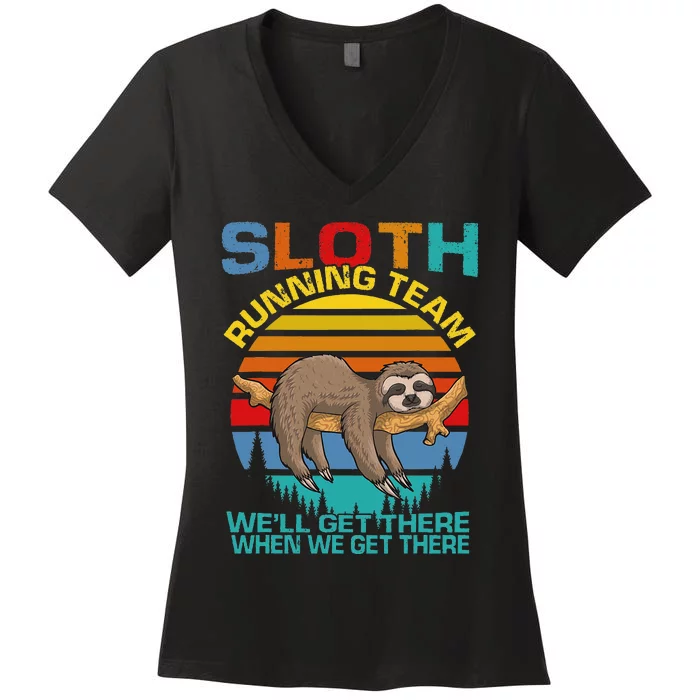 Vintage Sloth Running Team WeLl Get There Funny Sloth Women's V-Neck T-Shirt