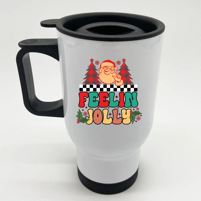 Vintage Santa Retro Christmas Tree Feelin Jolly Funny Xmas Gift Front & Back Stainless Steel Travel Mug