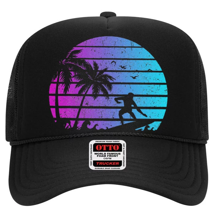 Vintage Surfer Retro Surfing Beach Surf Wave Silhouette High Crown Mesh Trucker Hat