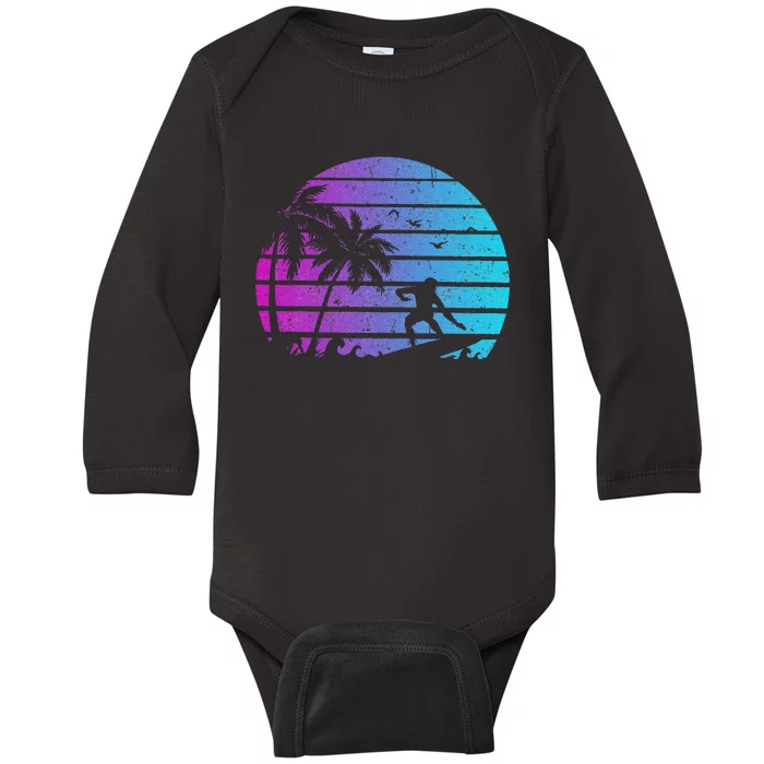 Vintage Surfer Retro Surfing Beach Surf Wave Silhouette Baby Long Sleeve Bodysuit