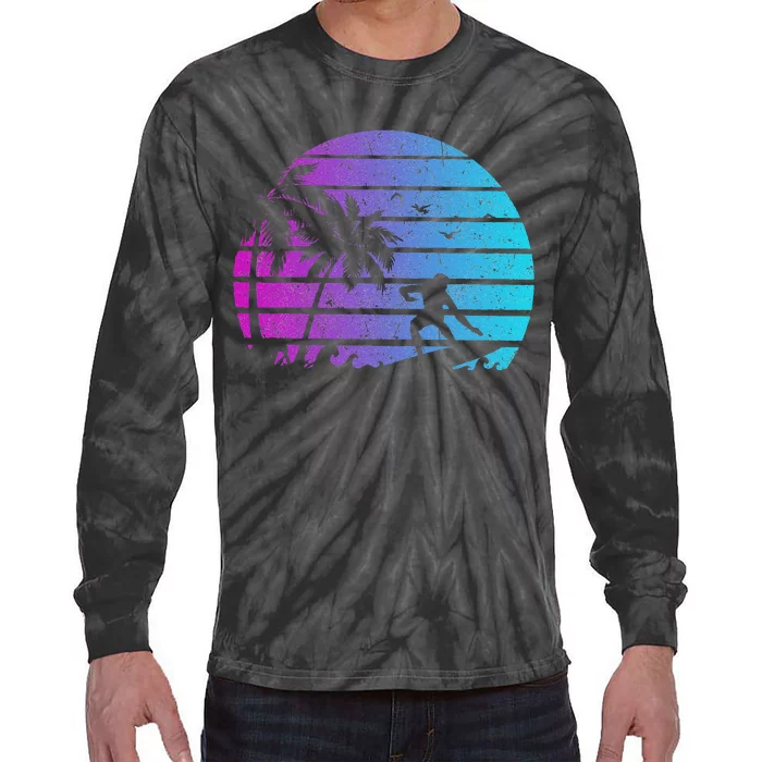 Vintage Surfer Retro Surfing Beach Surf Wave Silhouette Tie-Dye Long Sleeve Shirt