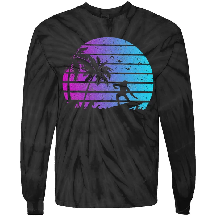 Vintage Surfer Retro Surfing Beach Surf Wave Silhouette Tie-Dye Long Sleeve Shirt