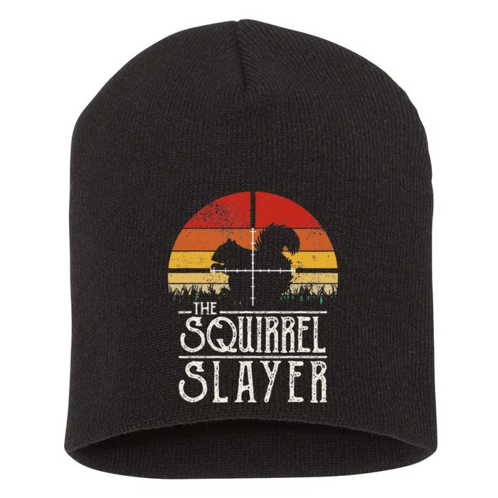 Vintage Sunset Retro Style Squirrel Hunting Squirrel Slayer Short Acrylic Beanie