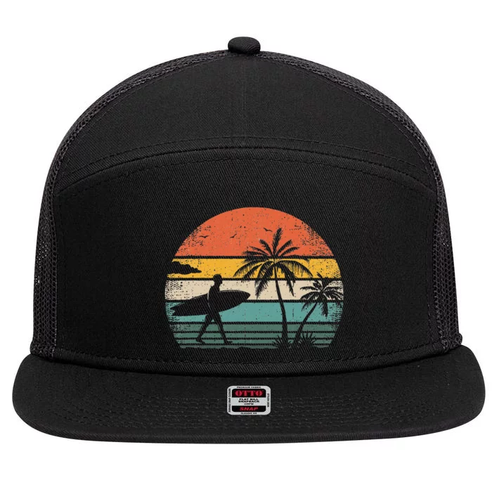 Vintage Surfing Retro Surf Style Palm Tree For Surfers 7 Panel Mesh Trucker Snapback Hat