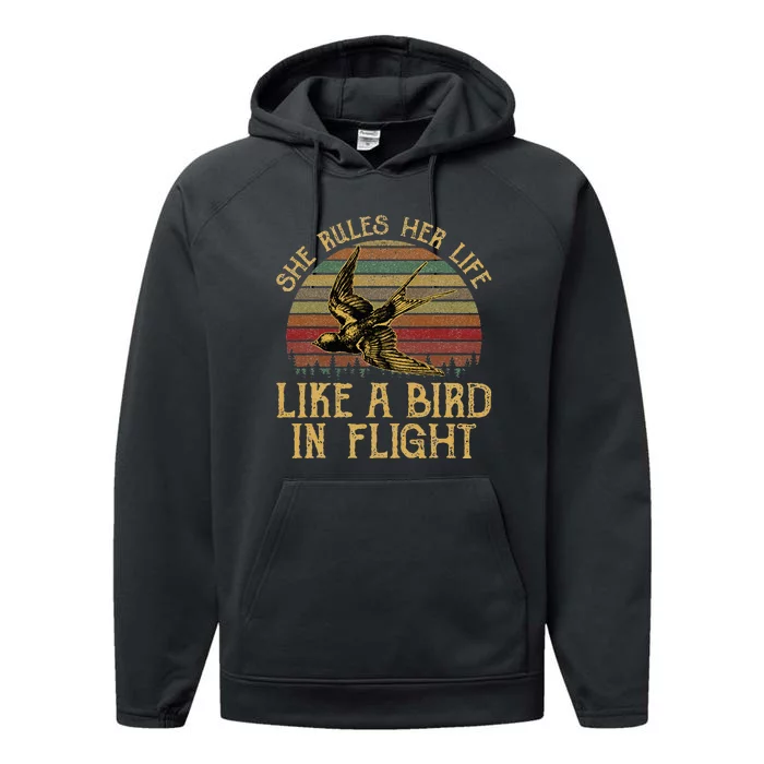 Vintage She Rules Her Life Like A Bird In Flight Gift Retro Performance Fleece Hoodie