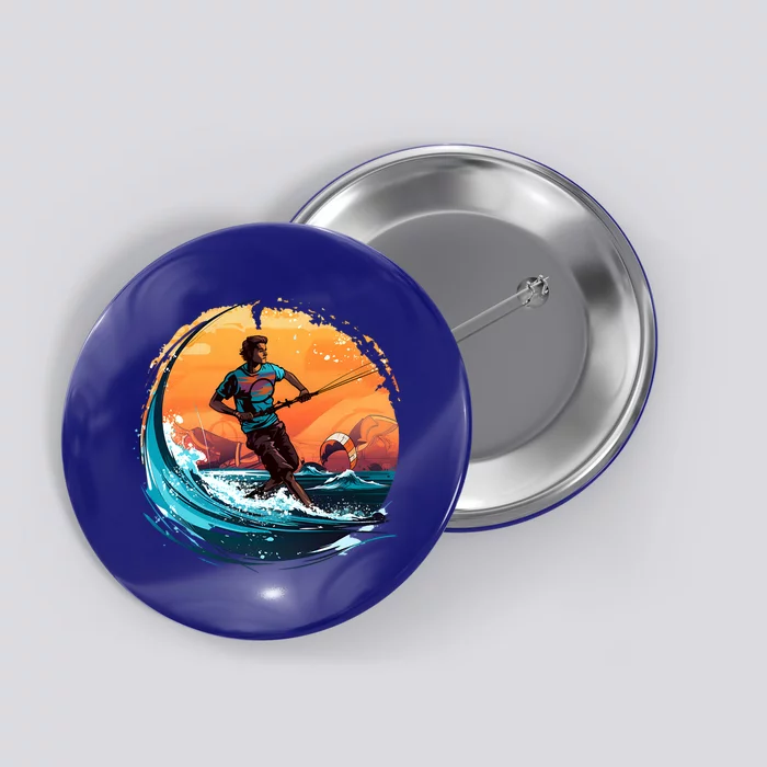 Vintage Sunset Surfing Design Kite Surfing Funny Gift Button