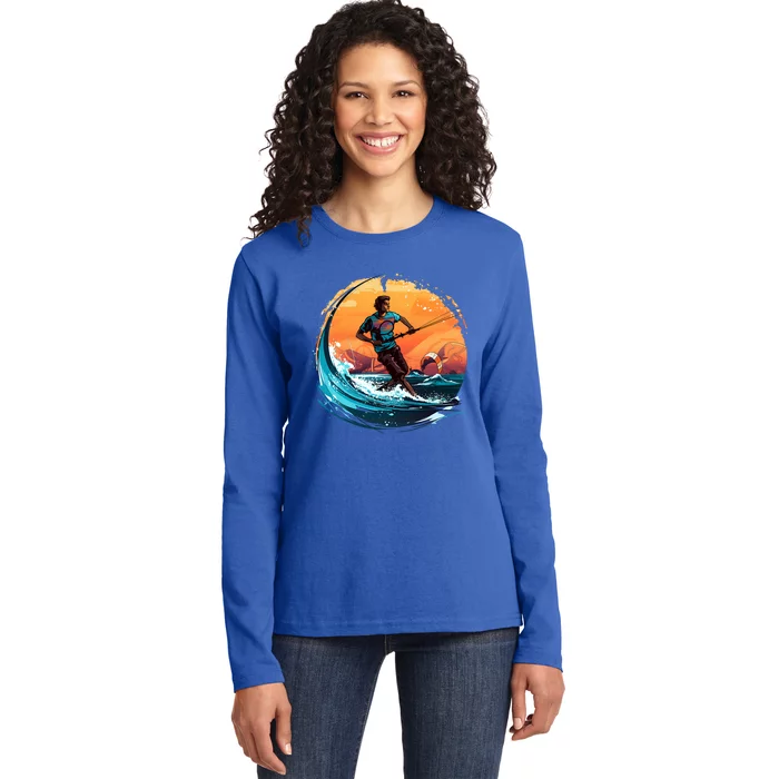 Vintage Sunset Surfing Design Kite Surfing Funny Gift Ladies Long Sleeve Shirt