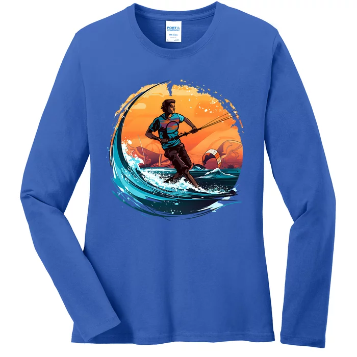 Vintage Sunset Surfing Design Kite Surfing Funny Gift Ladies Long Sleeve Shirt