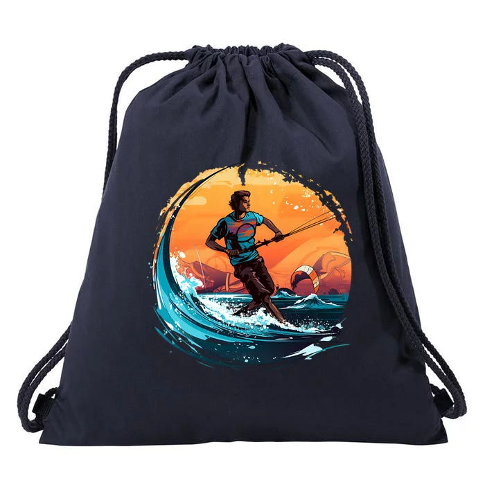 Vintage Sunset Surfing Design Kite Surfing Funny Gift Drawstring Bag