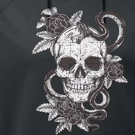 Vintage Skull Snake Rose Art Old School Tattoo Performance Fleece Hoodie