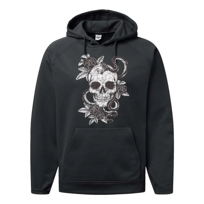 Vintage Skull Snake Rose Art Old School Tattoo Performance Fleece Hoodie