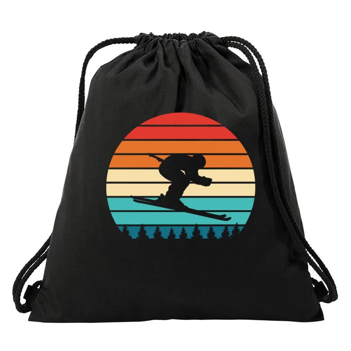 Vintage Sunset Skiing Gift For Skiers Drawstring Bag