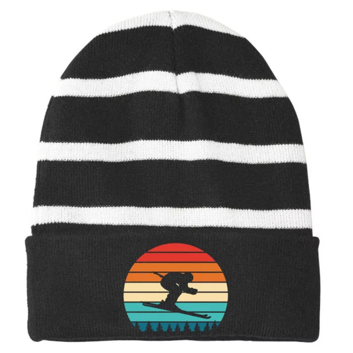 Vintage Sunset Skiing Gift For Skiers Striped Beanie with Solid Band