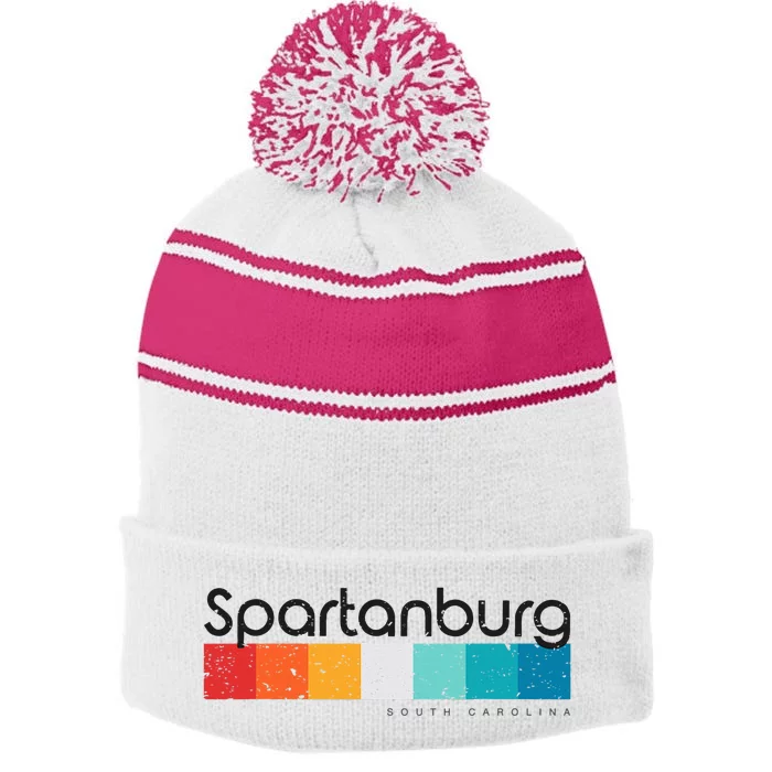 Vintage Spartanburg Sc South Carolina Usa Retro Design Stripe Pom Pom Beanie