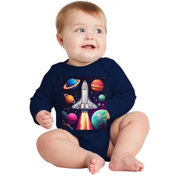 Vibrant Space Shuttle Rocket Launch Baby Long Sleeve Bodysuit