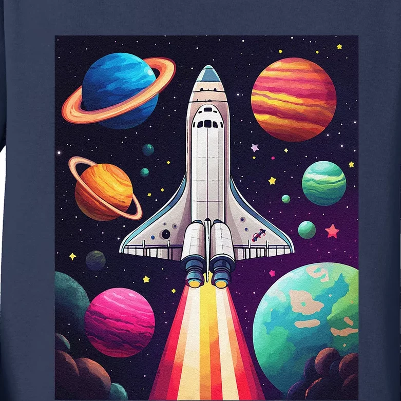 Vibrant Space Shuttle Rocket Launch Kids Long Sleeve Shirt