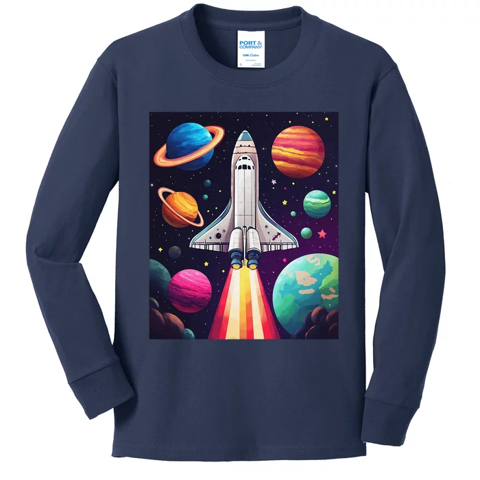 Vibrant Space Shuttle Rocket Launch Kids Long Sleeve Shirt