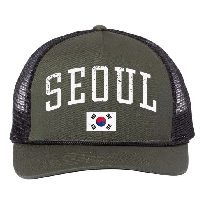 Vintage Seoul South Korea Country Flag Souvenir Vacation Retro Rope Trucker Hat Cap